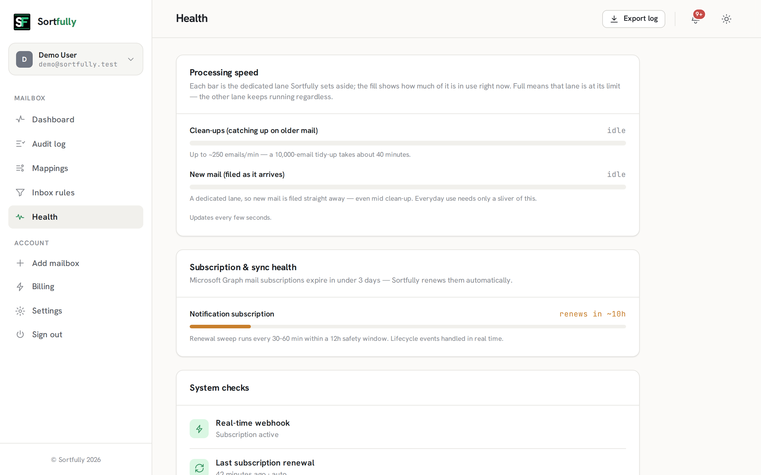 Sortfully health page showing processing-speed lanes, subscription renewal status and system checks