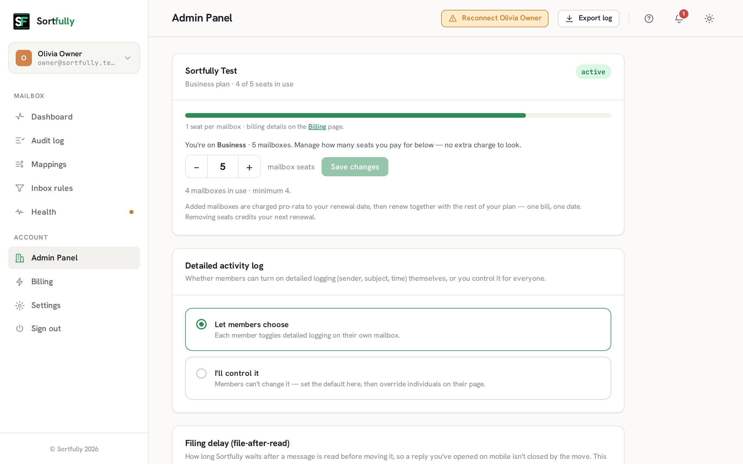 Sortfully organisation screen with seats, members, roles and Microsoft 365 tenant sync